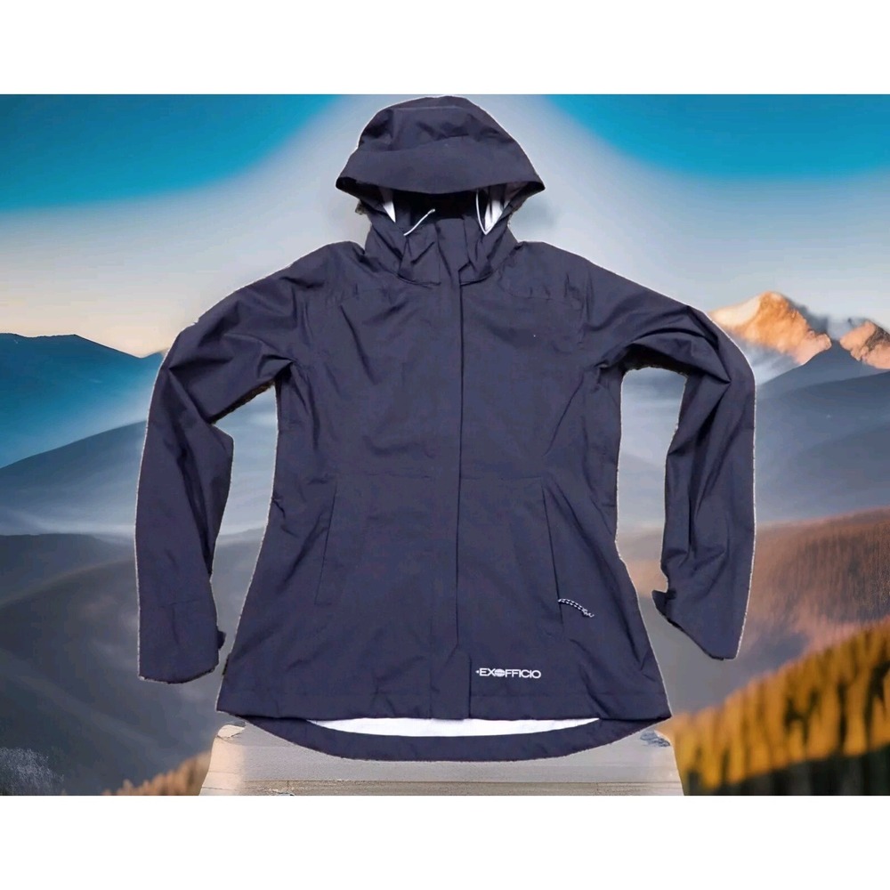 ExOfficio Rain Jacket Women XS Navy Blue Excellent Hooded Full Zip Shell